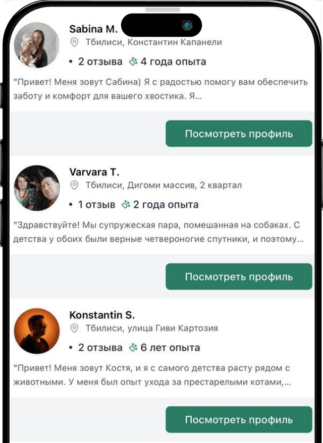 Список ситтеров в приложении CatDog